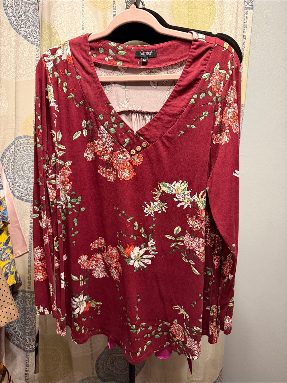 Floral V-Neck Long Sleeve Top - Burgundy Floral